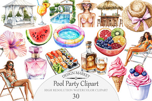 Watercolor Pool Party Clipart, an Illustration by Design Market
