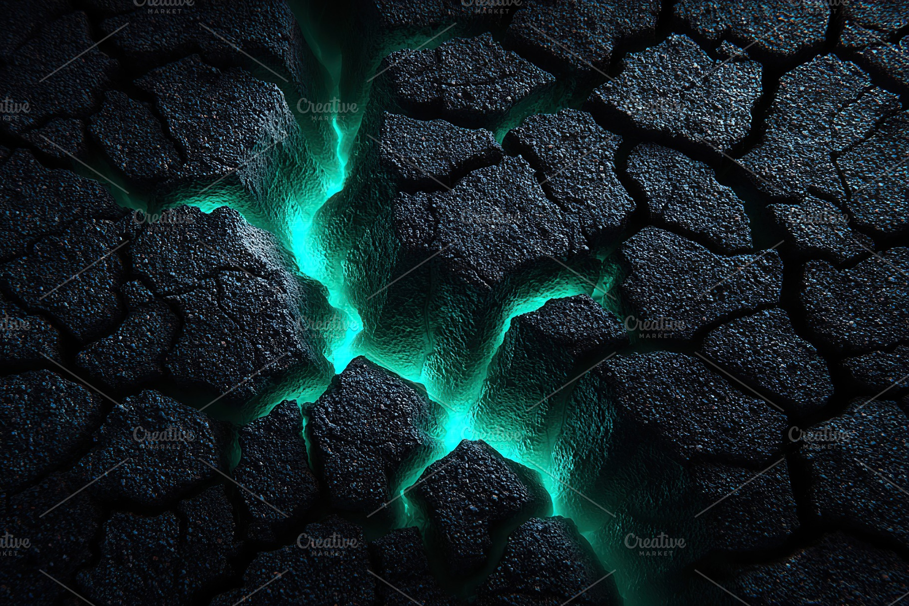 Rough concrete surface with glowing cracks in dark lighting creating an eerie a, a Photo by AlyaAnd