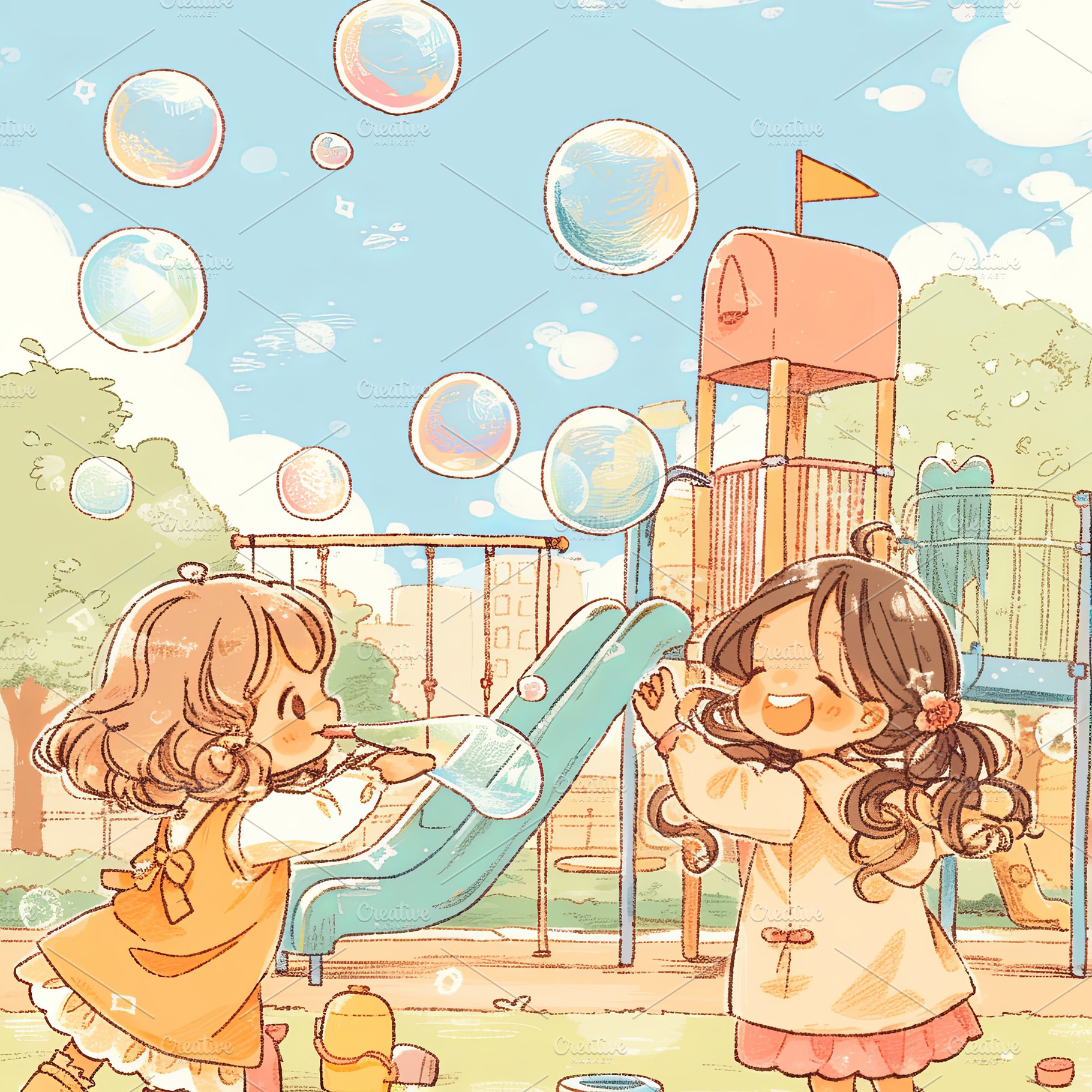 Children playfully enjoying bubbles in a colorful park on a sunny day, a Photo by AS photostudio