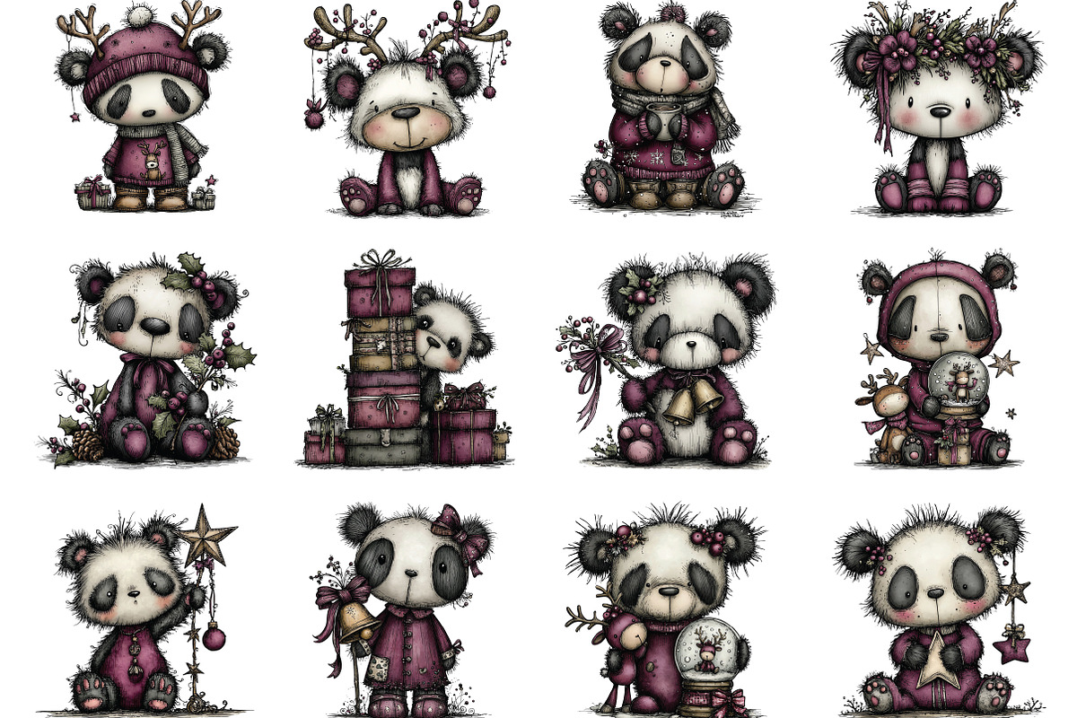 Whimsical Panda Christmas Clipart, an Illustration by CraftArtStudio (Photo 2 of 6)