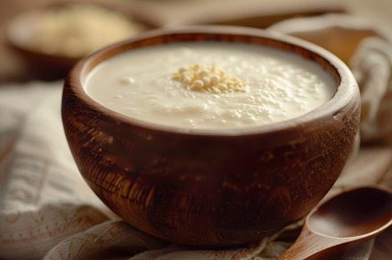 A wooden bowl filled with soup and p, a Photo by Iftikhar Alam