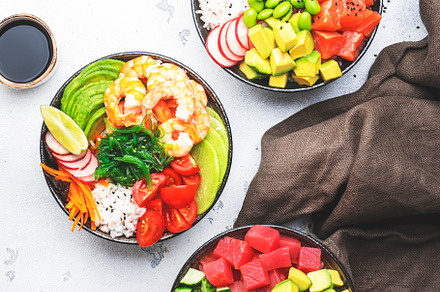 Poke bowl set: tuna, salmon, shrimps with avocado, fruits and ve, a Food & Drink Photo by 5PH
