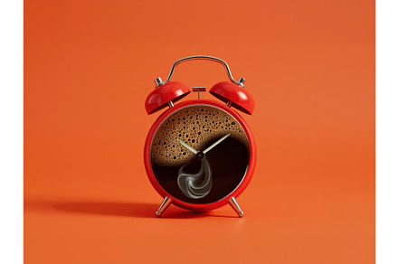 Red alarm clock with coffee-filled