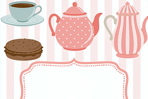 Sweet tea party invitation template with desserts, teacups, teap, an Illustration by Studio ANNA