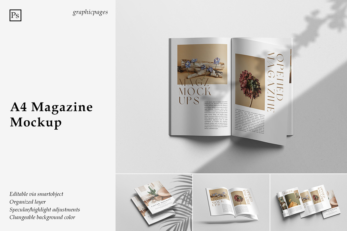 A4 Magazine Mockup, a Books & Magazine Mockup by graphicpages (Photo 1 of 17)