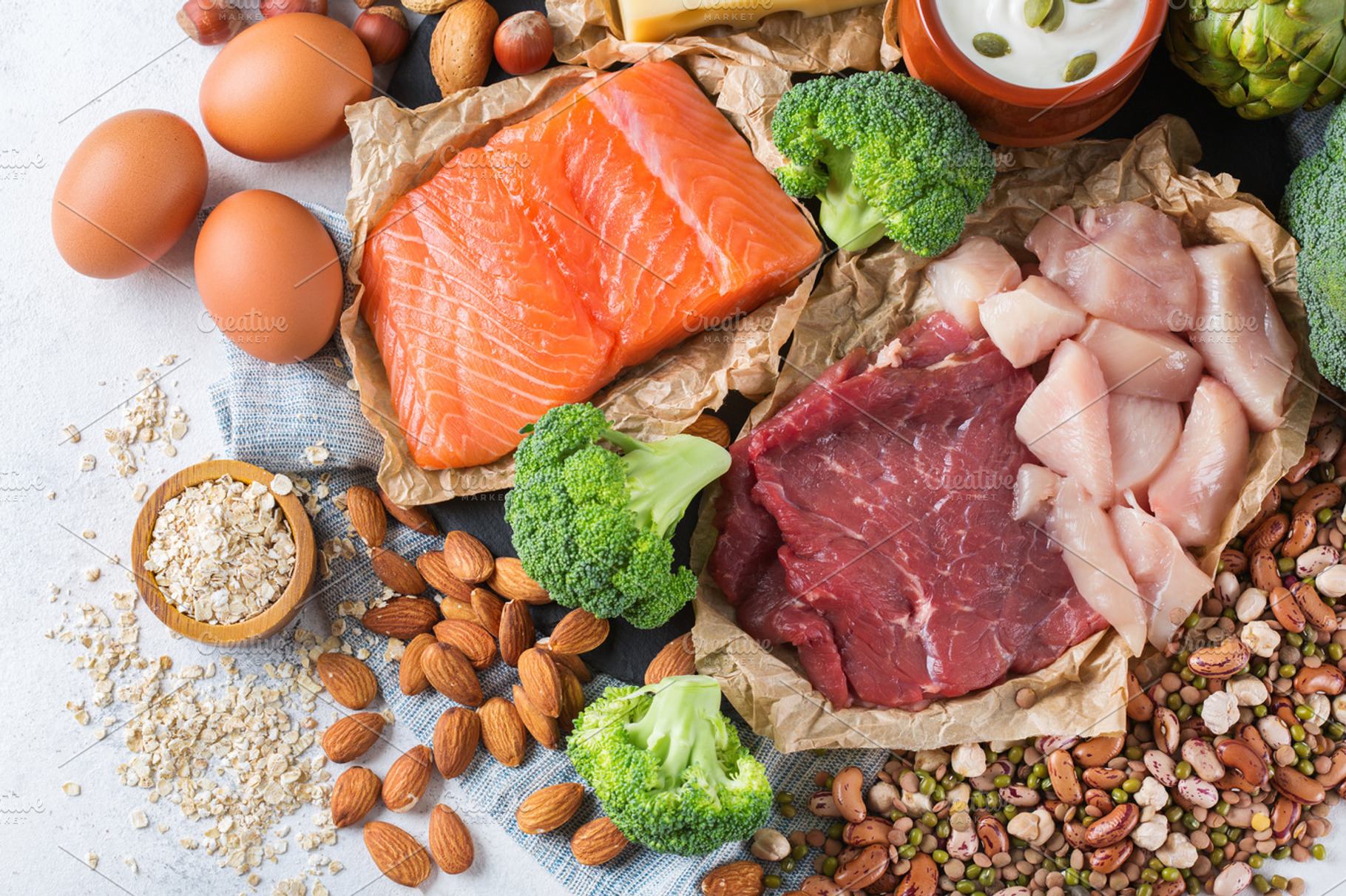 Assortment of healthy protein source and body building food containing, a Food & Drink Photo by Antonina Vlasova