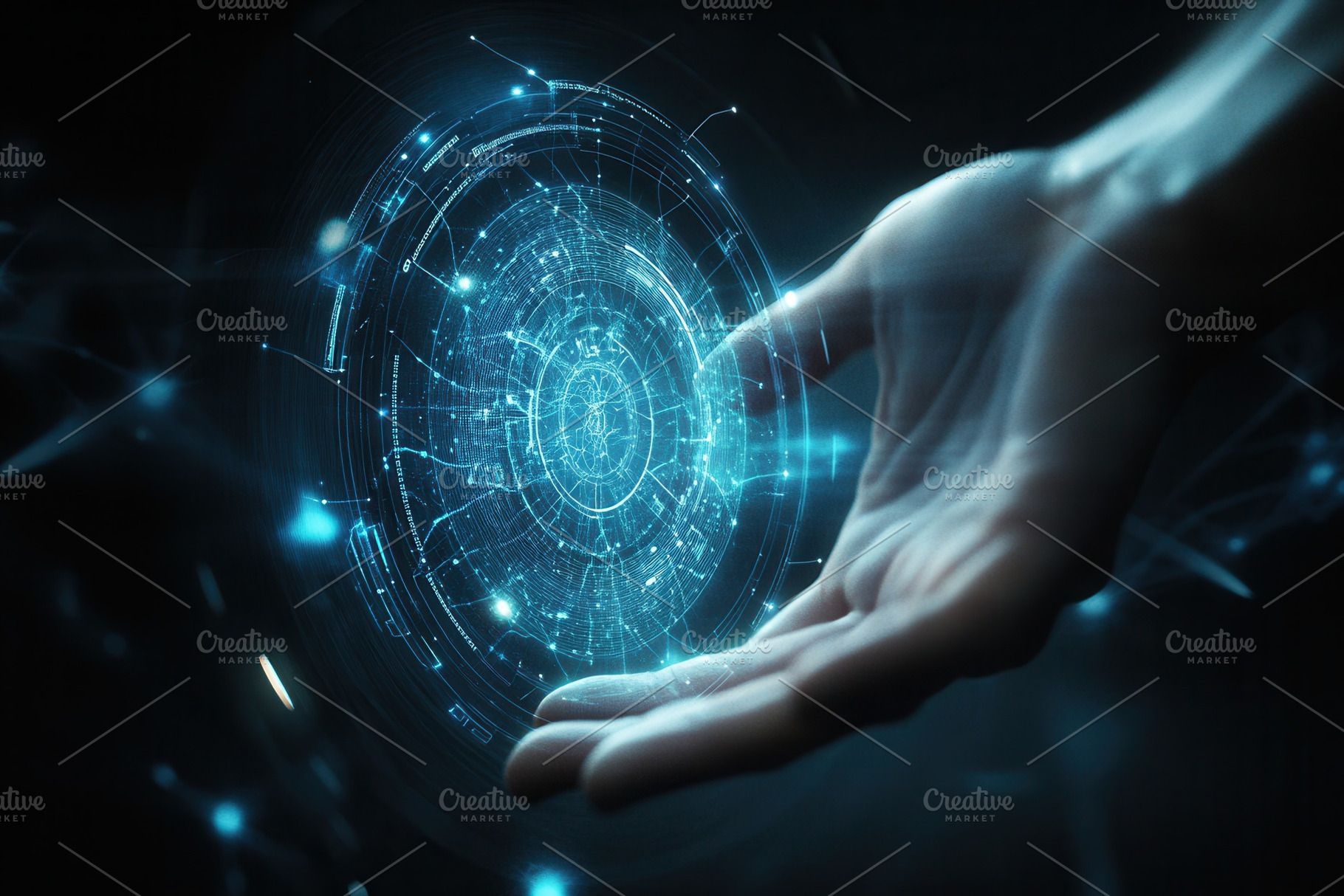 Hand interacting with AI hologram, a Photo by Pavel_design