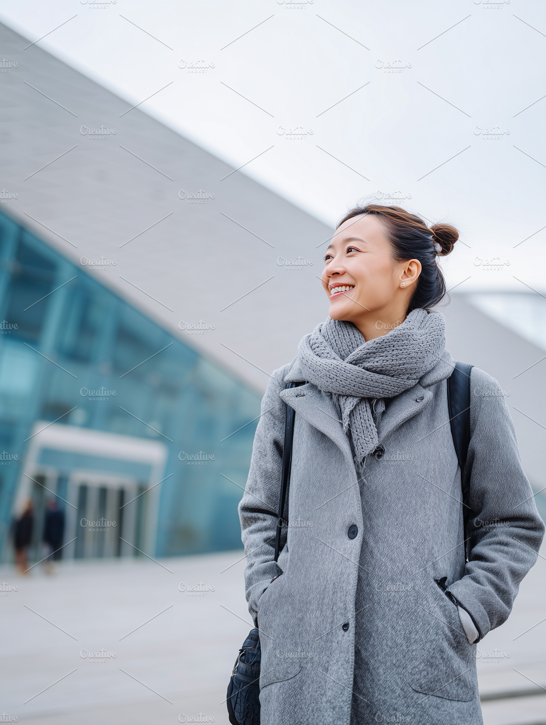 Smiling asian woman in gray coat, a Person Photo by MistyDay