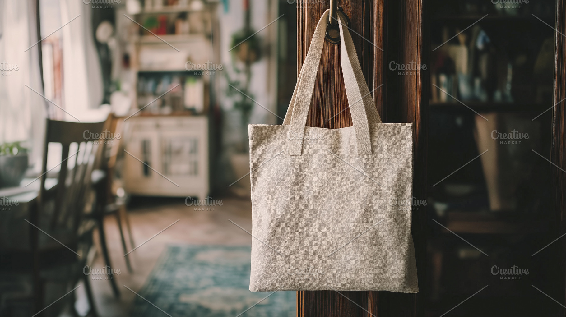 Blank, linen tote bag mockup hanging, a Beauty & Fashion Photo by MistyDay