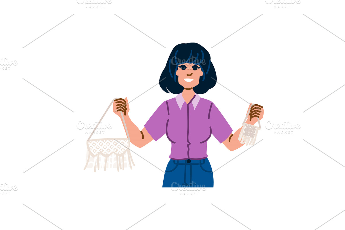 Woman showing two handmade macrame, an Illustration by pikepicture