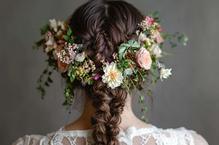Bridal hairstyle featuring intricate, a Photo by Tanuart