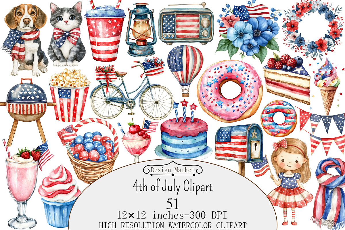 Watercolor 4th of July Clipart, a Seasonal Illustration by Design Market (Photo 1 of 5)