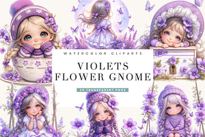 Violets Flower Gnome Girl Clipart, a Person Illustration by BusyDaydesign