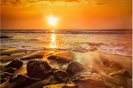 Waves and rocks on beach of sunset, a Nature Photo by f9photos
