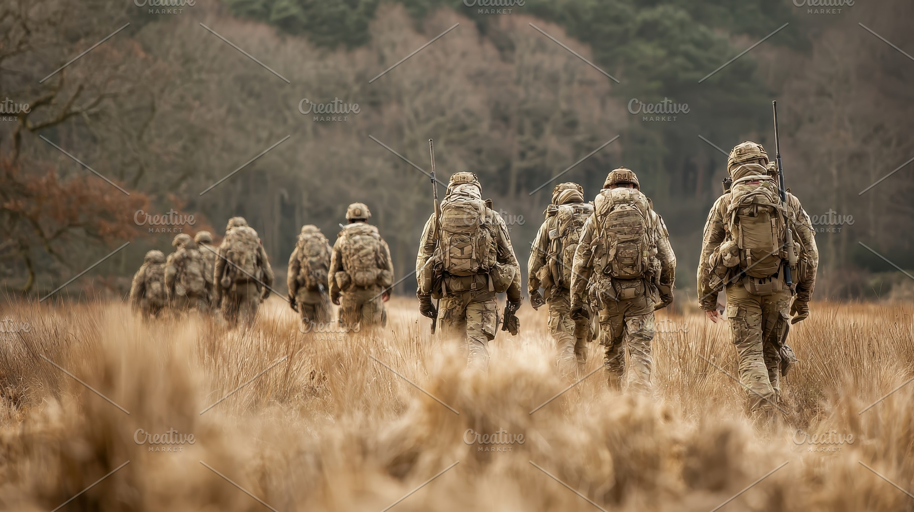 Soldiers walking through field milit, a Photo by Pixeness Studio