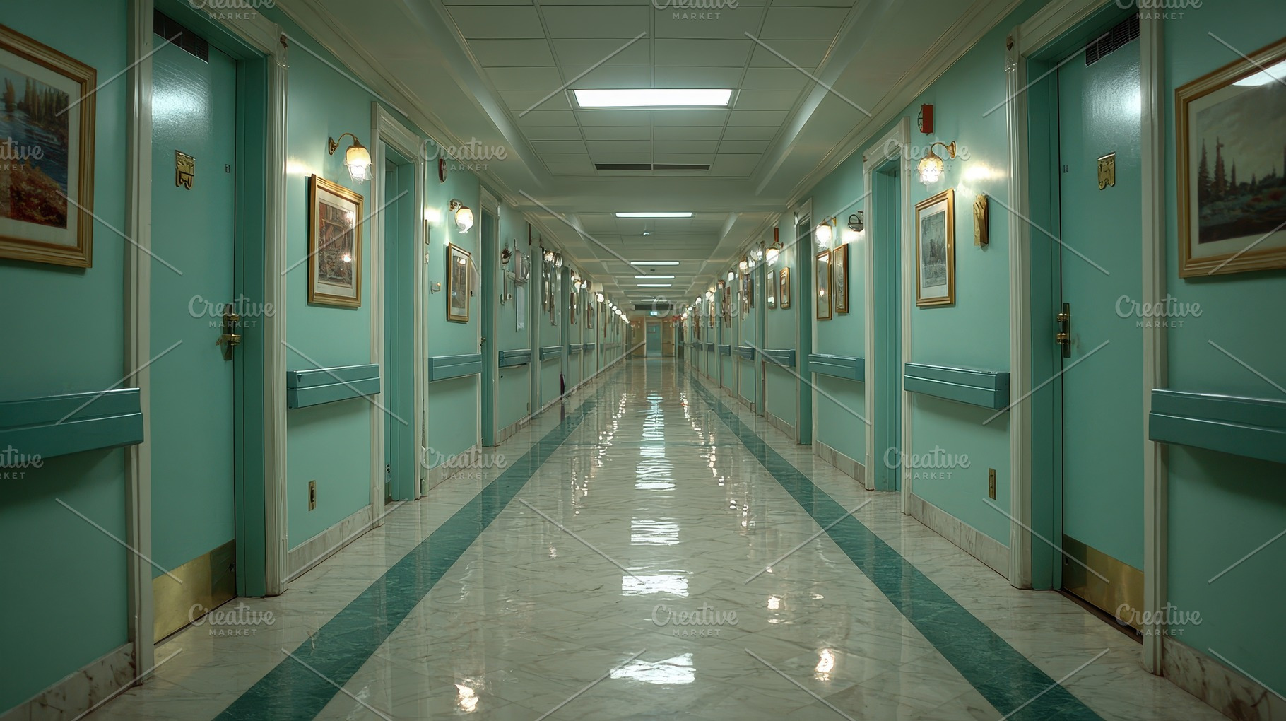 Long teal hospital hallway with door, a Photo by Pixeness Studio