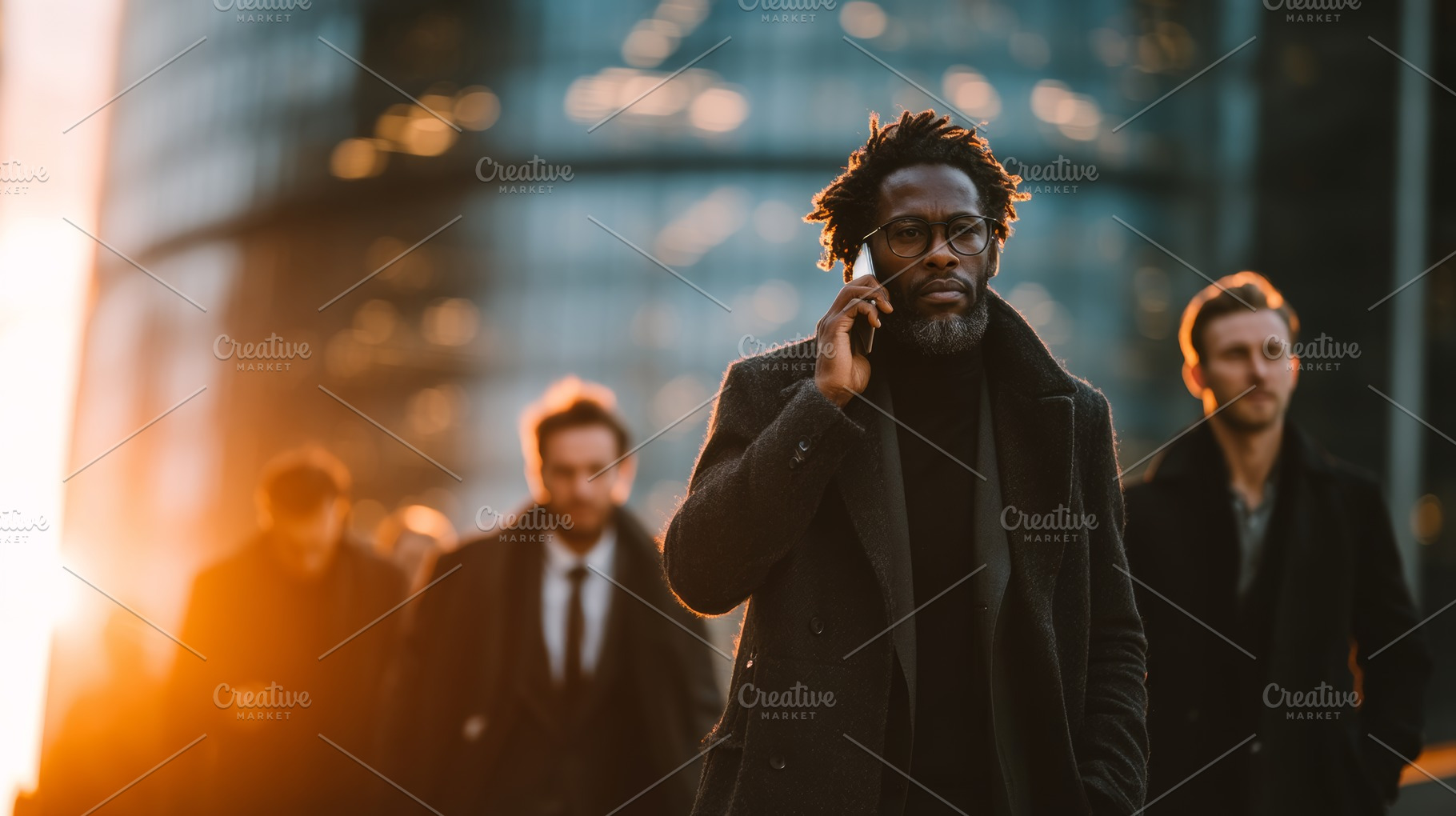 Confident professionals commuting through the city during a vibrant sunrise, a Business Photo by AS photostudio
