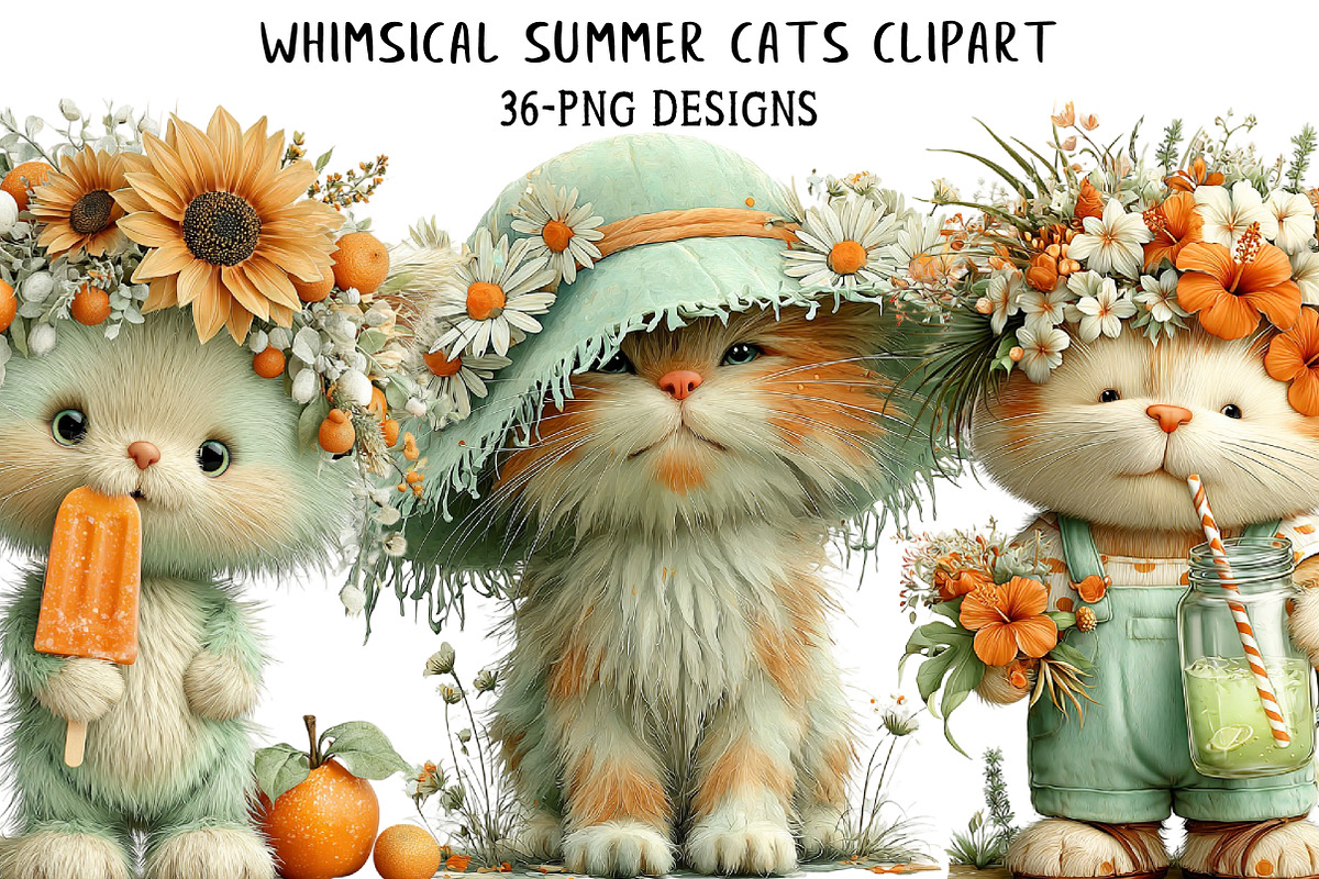 Whimsical Summer Cats Clipart, an Illustration by Daily.Designs (Photo 1 of 8)