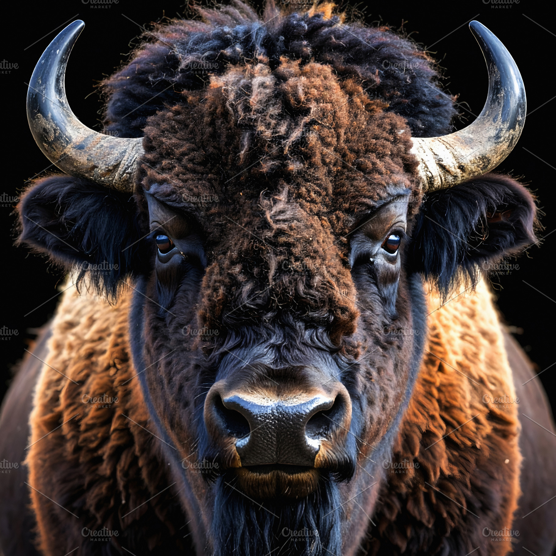 Powerful American bison portrait with horns and curly fur, an Animal Photo by GoodGoods