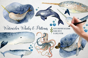 Watercolor Whales & Patterns