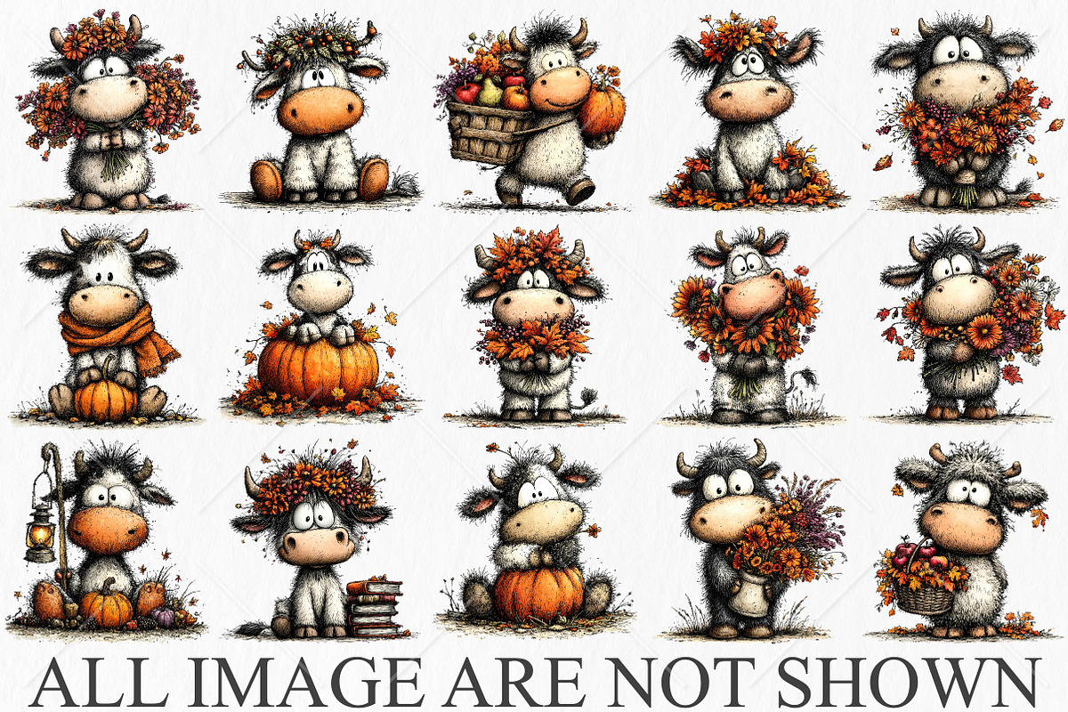 Whimsical Autumn Cow Clipart Bundle, a Seasonal Illustration by Canvas Craft (Photo 4 of 10)