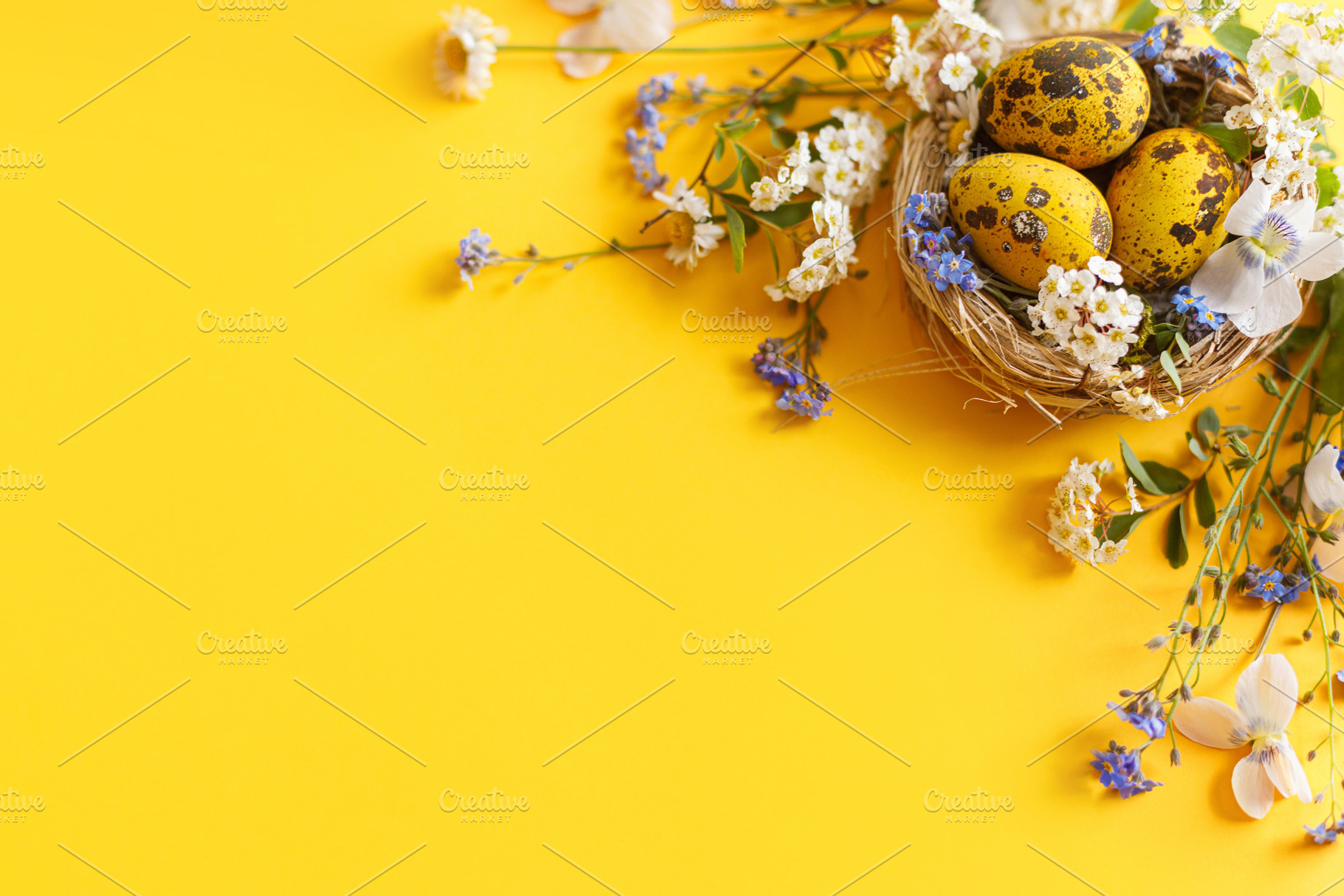 Happy Easter! Modern dyed eggs in nest and spring blossom flat l, a Holiday Photo by Sonjachni