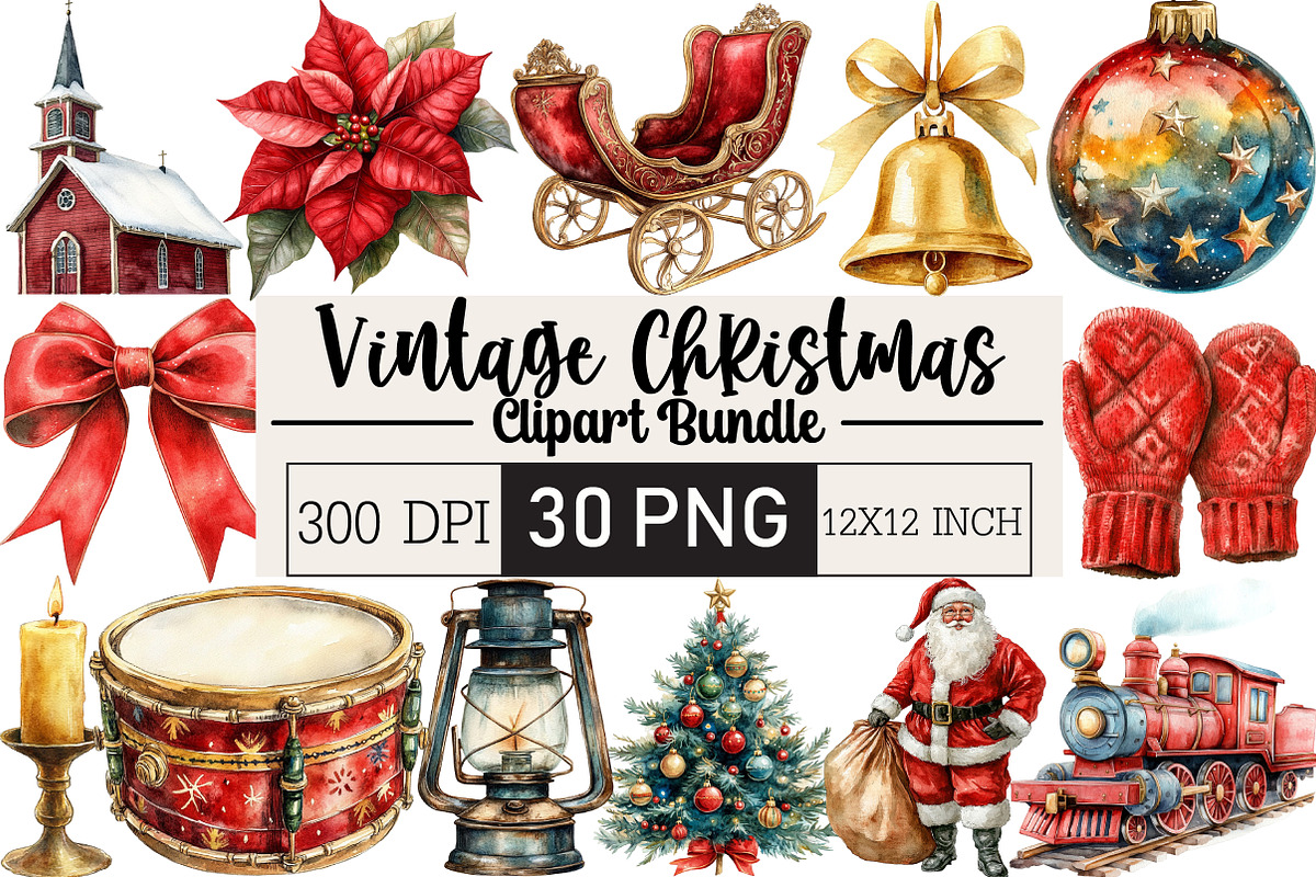 Vintage Christmas Clipart Bundle, an Illustration by Black Bird Studio (Photo 1 of 6)