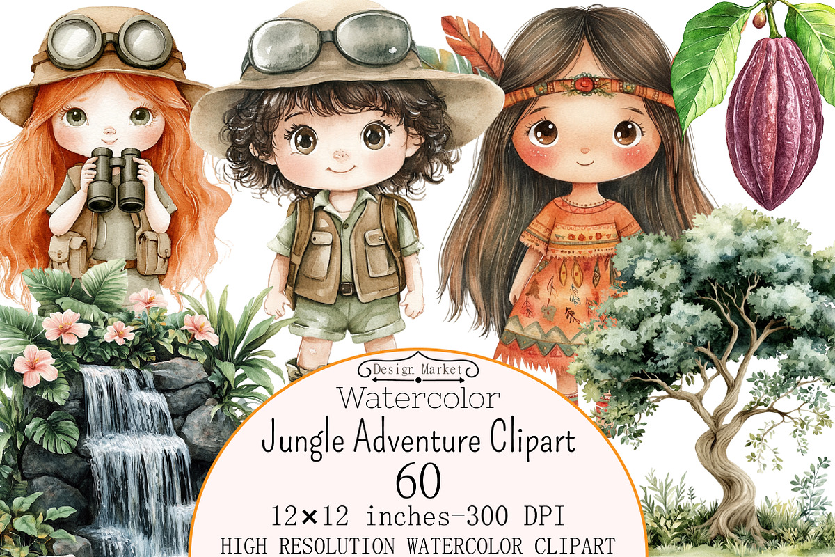 Watercolor Jungle Adventure Clipart, a Seasonal Illustration by Design Market (Photo 1 of 5)