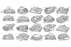 BBQ Meat on Wooden Boards Line Icons, a Food Illustration by VictoriaSergeeva