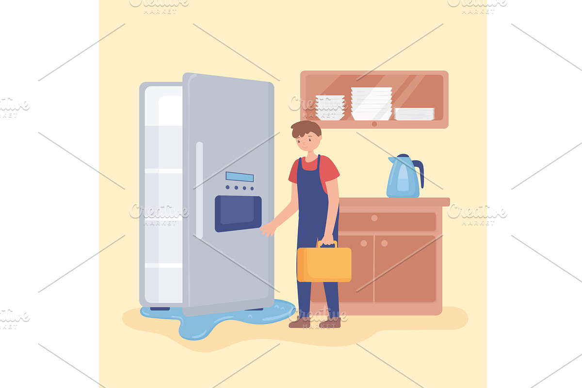 man repairing home fridge, a Person Illustration by studiogstock