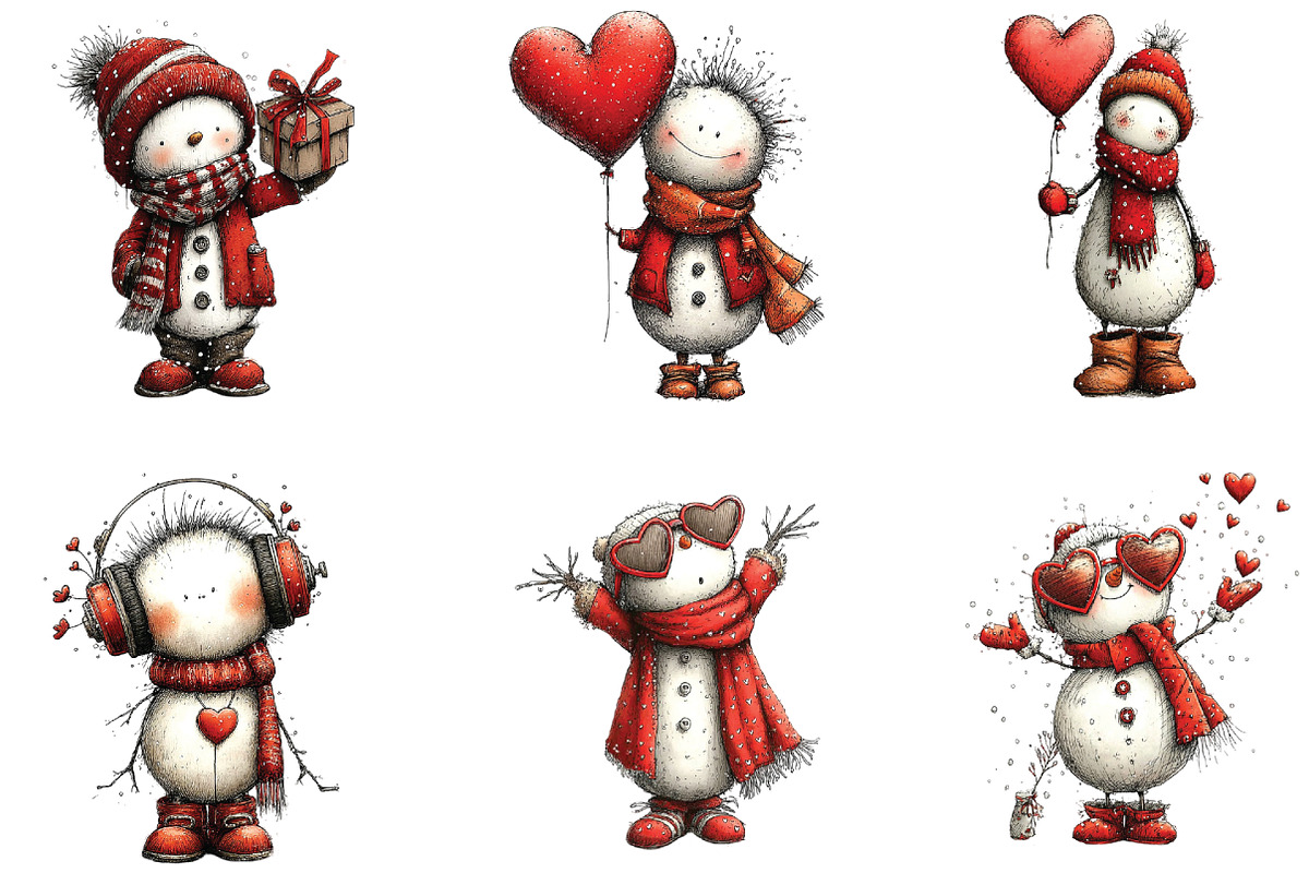 Whimsical Snowman Valentine Clipart, an Illustration by CraftArtStudio (Photo 2 of 6)