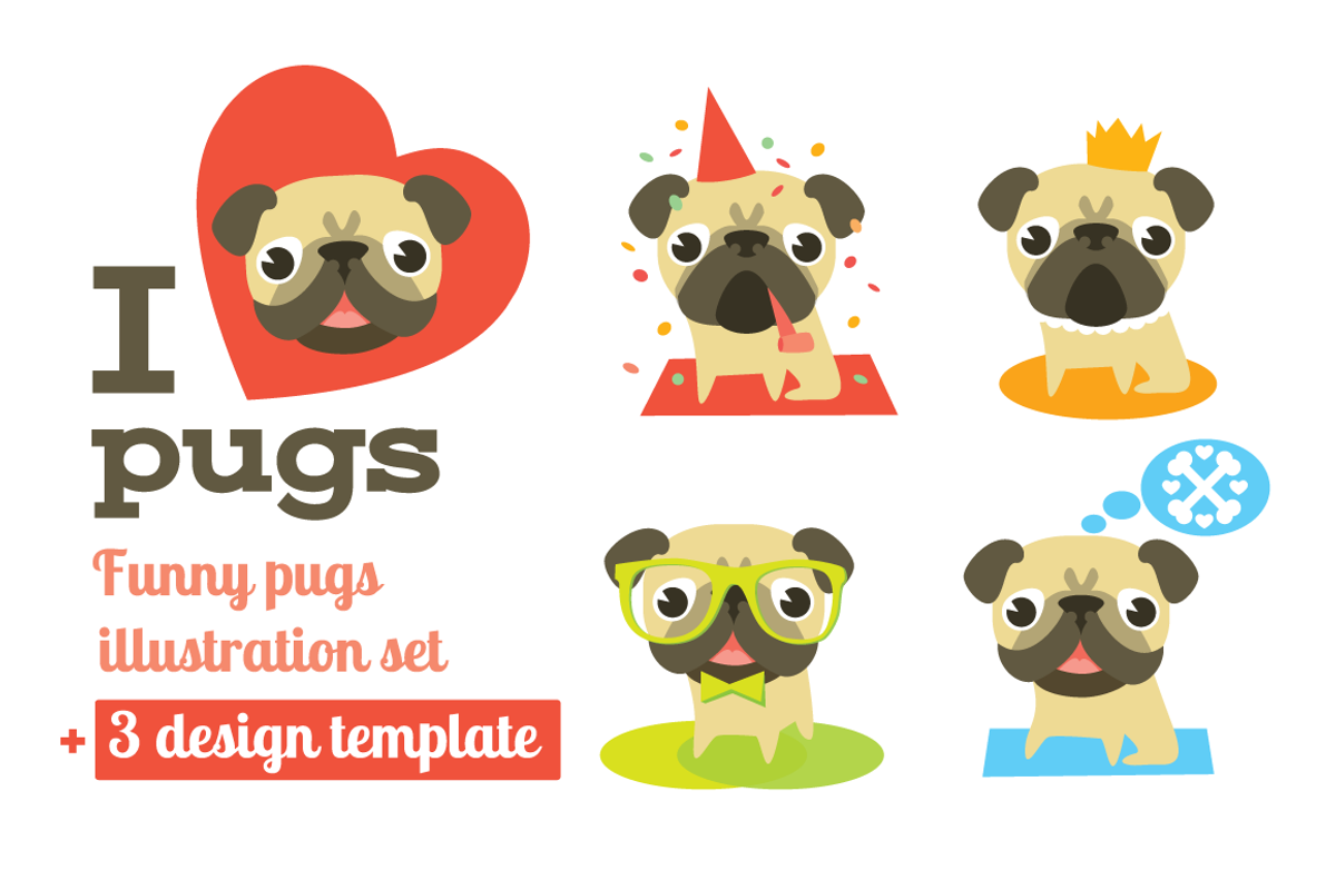 Vector pugs + 3 design templates, an Illustration by Olyzel (Photo 1 of 5)