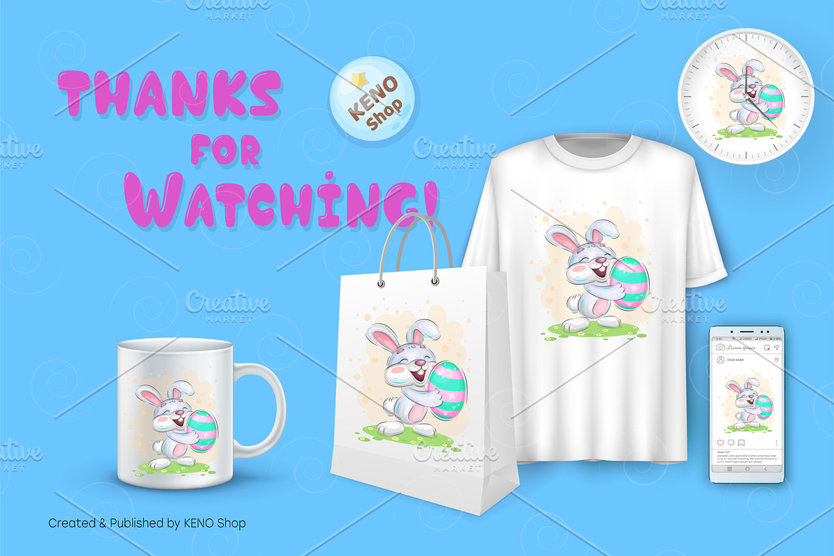 Cheerful easter bunny. Tshirt, PNG., an Animal Illustration by KENO Mascots (Photo 5 of 5)