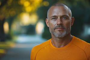A confident middle-aged Caucasian man in an orange athletic shirt poses outdoor, a Person Photo by ImageMir