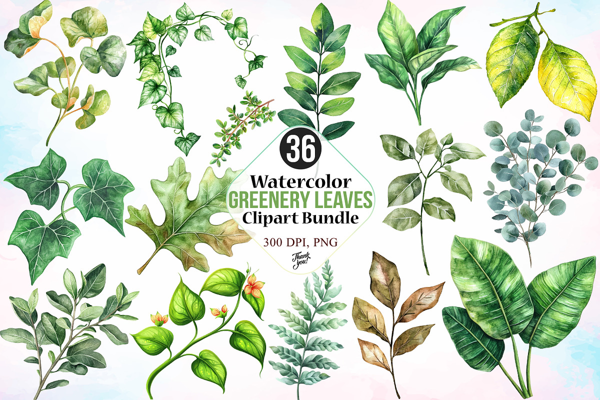 Watercolor Greenery Leaves Clipart, an Illustration by Canvas Craft (Photo 1 of 3)