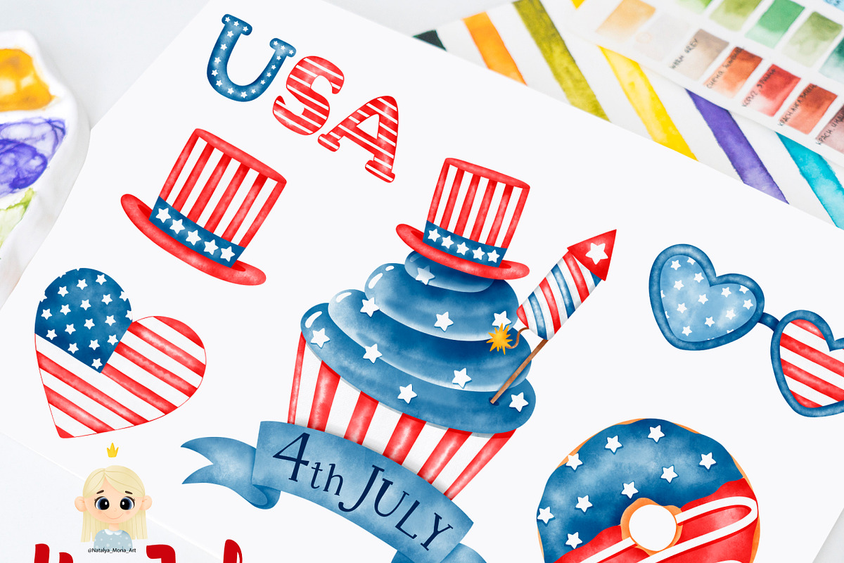 4th of July watercolor clipart, a Decorative Illustration by Natalya_Mona_Art (Photo 7 of 9)
