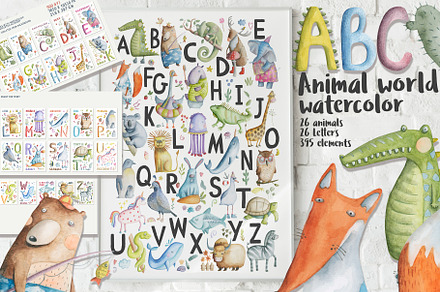 Watercolor Alphabet poster, cards
