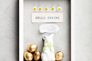 Hello Spring Easter Frame with Bunny Golden Eggs and Tulips, a Holiday Photo by Natalia Klenova's Shop