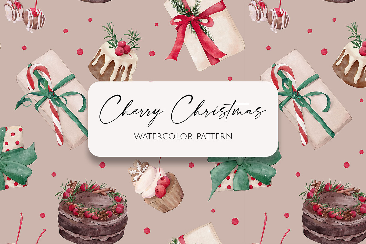 CHERRY CHRISTMAS watercolor pattern, a Seasonal Illustration by Yuliia Lashevska (Photo 1 of 10)