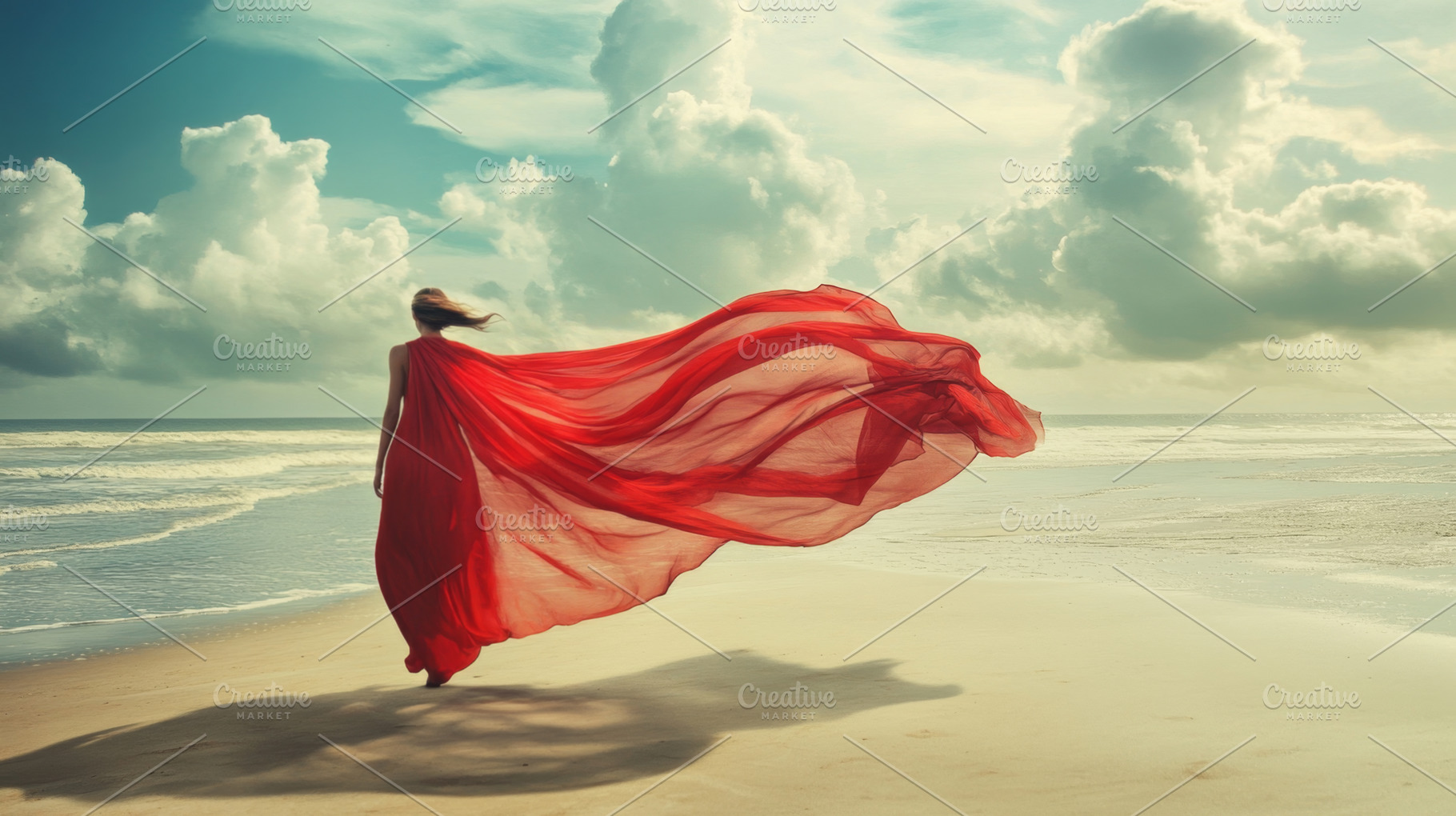 Elegant Woman in Flowing Red Dress on a Windy Beach, an Abstract Photo by Natalia Klenova's Shop