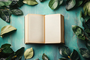 Open blank book surrounded by green leaves on wooden table, a Background Photo by AlyaAnd