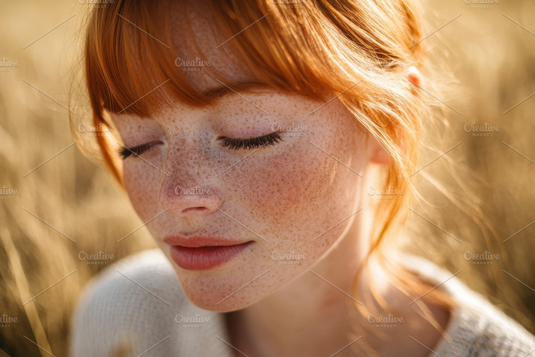 Woman with freckles enjoys warm, a Photo by Pavel_design