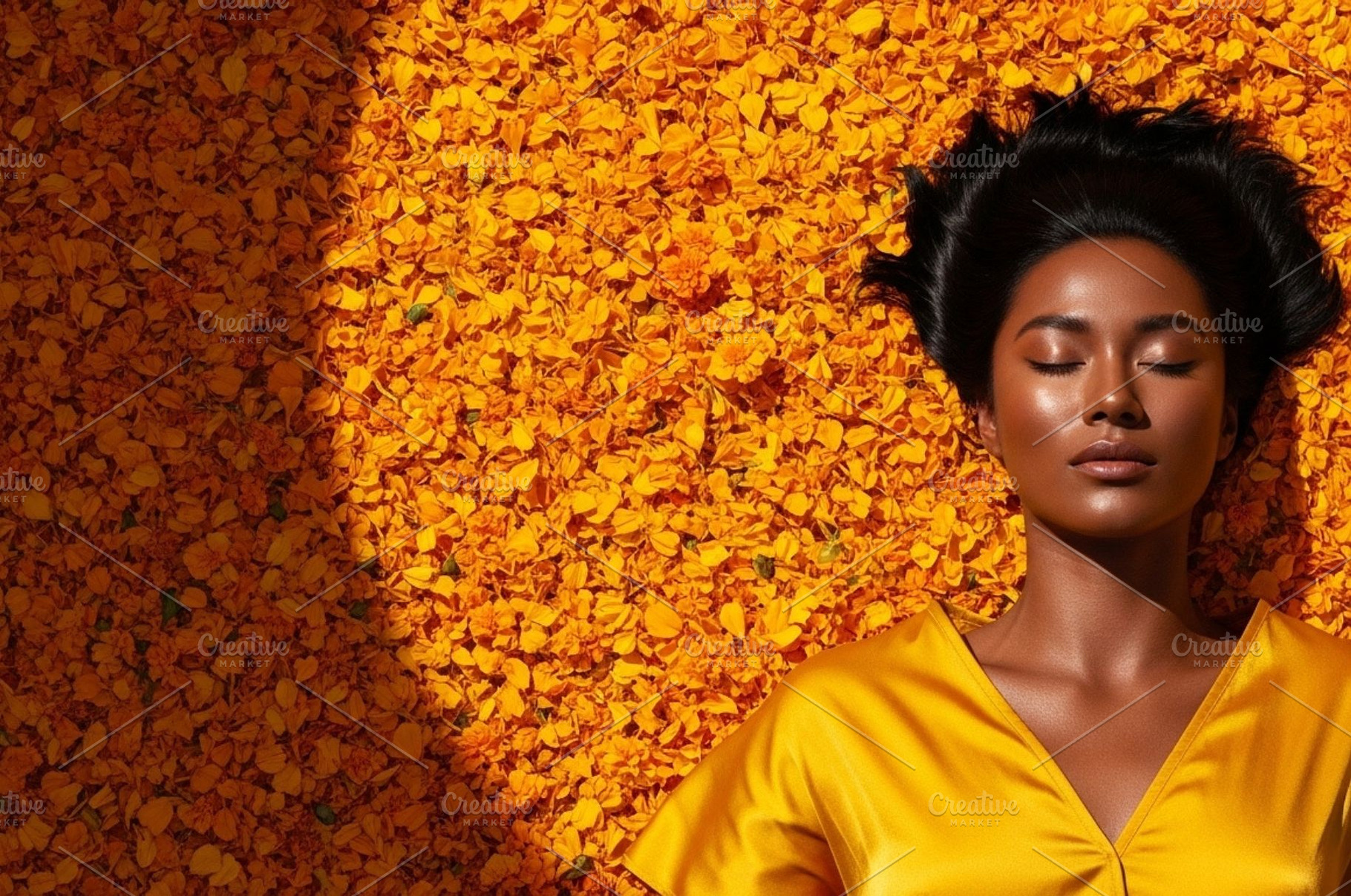Portrait in Golden Marigold Petals, a Person Photo by thepslr