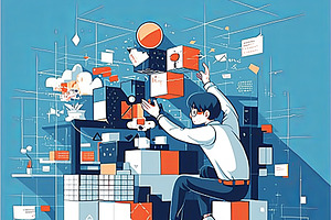Man engaging with futuristic technology displays in a vibrant workspace setting, an Illustration by AS photostudio