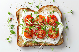 Sandwich with cream cheese, microgreens and tomatoes on white background, a Food & Drink Photo by AlyaAnd