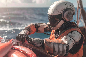 Fishing robot in vest sorting catch of red fish, a Technology Photo by GoodGoods