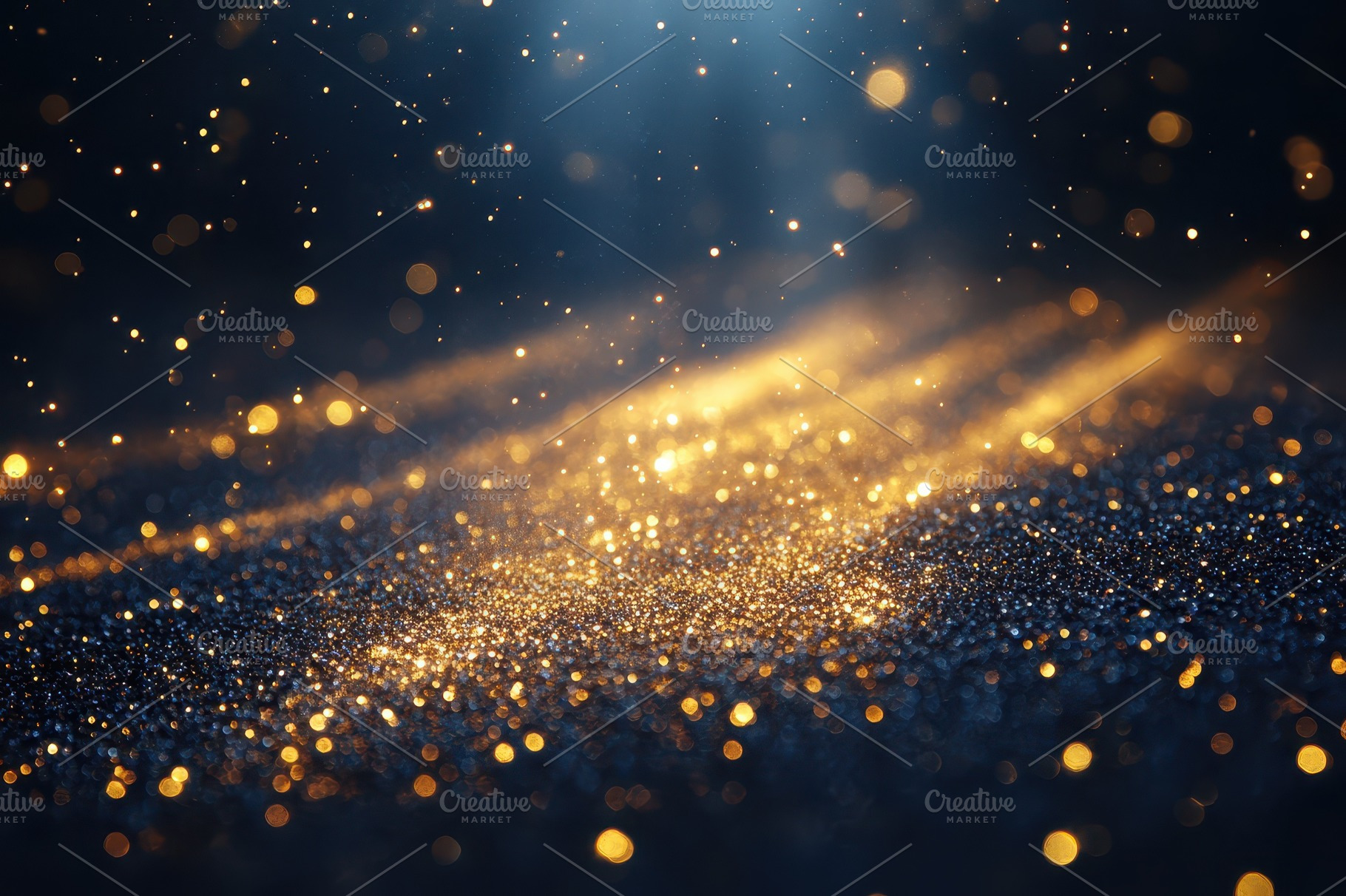 Golden glitter sparkles on dark blue, an Abstract Photo by Pixeness Studio