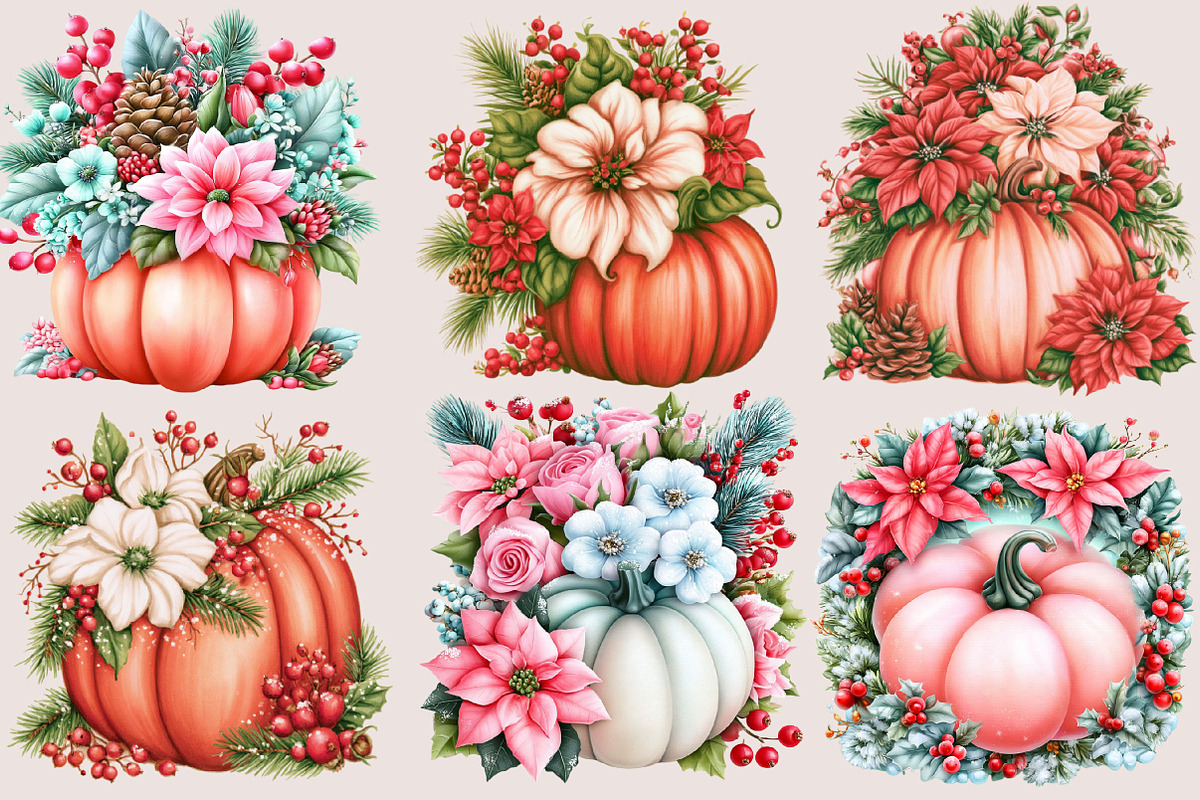 Christmas Flower Pumpkin Clipart PNG, a Seasonal Illustration by SVGArt (Photo 2 of 5)