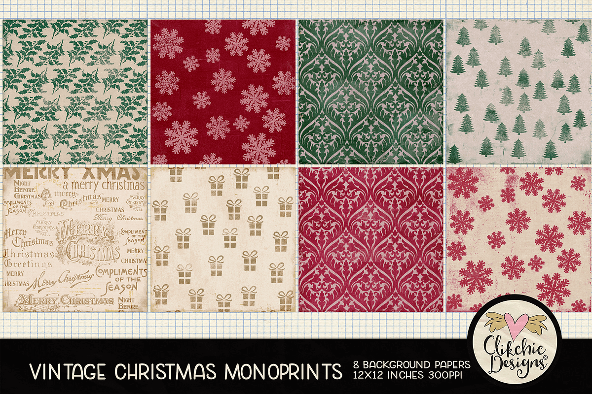 Vintage Christmas Monoprint Papers, a Texture Graphic by Clikchic Designs (Photo 2 of 6)