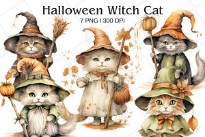 Witch Cat Watercolor Clipart